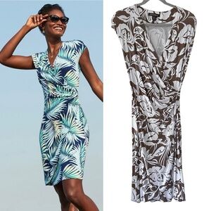 Tommy Bahama Faux Wrap Tambour Dress in Tan and White size Small